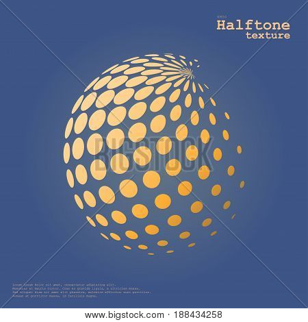 Abstract halftone sphere in orange color isolated over the center of complement color background and with example of text, created for business advertising, presentation, logo, web