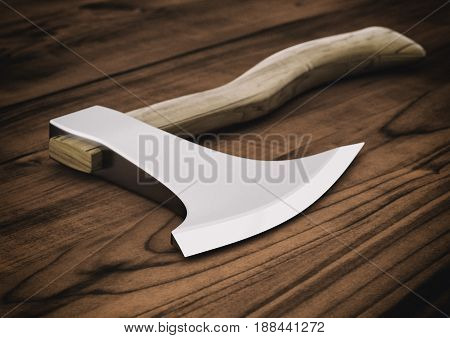 Sharp ax lying on a wooden table 3d illustration