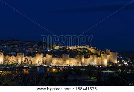 Panoramic View Of The Historic City Of Avila At The Blue Hour, Castilla Y Leon, Spain