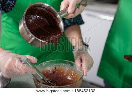 Preparing chocolate sauce for a chocolate cake. Close-up image of hot liquid chocolate