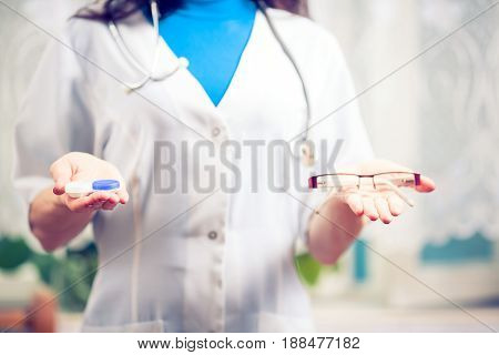 Eyesight correction. Ophthalmology excellent vision or optician shop concept. Laser surgery alternative