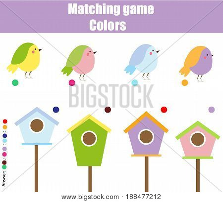 Educational children game. Matching game worksheet for kids. Match by color. Find pairs of birds and birdhouse. Learning colors animals theme