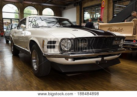 BERLIN GERMANY - MAY 17 2014: Ford Mustang Mach 1 428 cu in (7.0 L) Ramair Cobra Jet - is an performance-oriented option package of the Ford Mustang. 27th Oldtimer Day Berlin - Brandenburg
