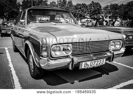 BERLIN GERMANY - MAY 17 2014: Large family car Ford 26M (P7b). Black and white. 27th Oldtimer Day Berlin - Brandenburg