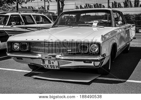 BERLIN GERMANY - MAY 17 2014: A luxury car Chrysler New Yorker (Seventh generation). Black and white. 27th Oldtimer Day Berlin - Brandenburg