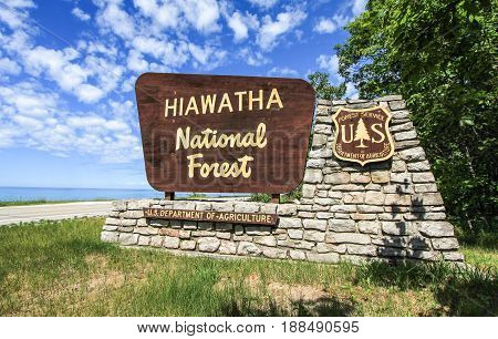 Upper Peninsula, Michigan, USA - June 21, 2016: Entrance to the Hiawatha National Forest on the coast of Lake Michigan in northern Michigan.