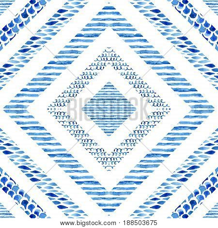 Diamond shapes with watercolor marine elements. Watercolor textured seamless pattern with wave stripe squiggle fish scale ornaments. Hand painted water color illustration