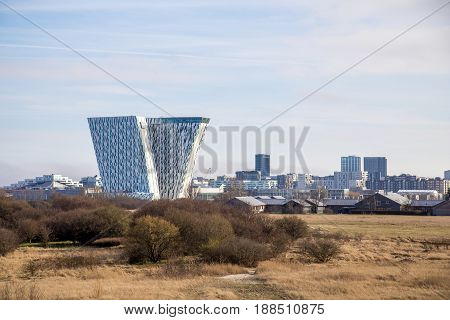 Copenhagen, Denmark - March 28, 2017: Exterior view of the Bella Sky Hotel in Orestad district