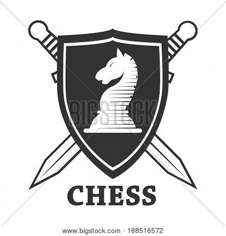 Chess club logo template. Vector isolated badge of horse chessman on heraldic shield with crossed swords. Label or icon for championship or tournament