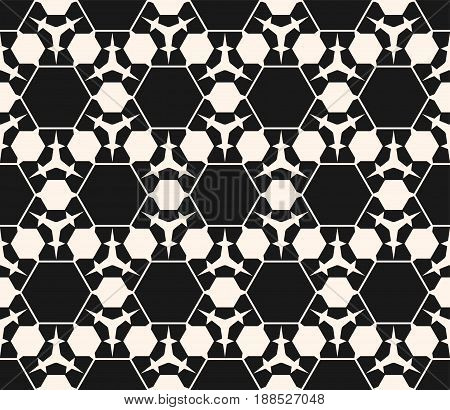 Vector monochrome seamless pattern. Abstract dark geometric background. Delicate linear seamless texture with prickly figures triangles hexagons. Subtle hexagonal grid seamless pattern. Repeat design for prints, decor, web.