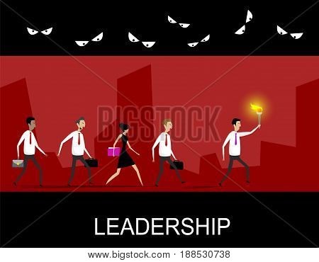 Leadership business concept with team following behind the leader through the dark dangerous tunnel. Vector leadership illustration.