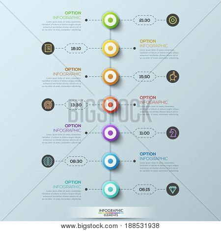 Modern infographic design template, 7 circular elements connected with text boxes by dotted lines. Week schedule and daily appointments planner concept. Vector illustration for internet blog, website.