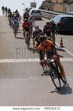 Vicenza, Vi, Italy - April 30, 2017: Group Of Cyclists During The Bicycle Race Called Gran Fondo Lio