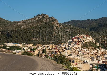 Panorama View From Road Over The Holy City Of Moulay Idriss Zerhoun Including The Tomb And Zawiya Of