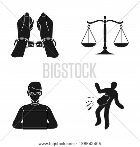 Handcuffs, scales of justice, hacker, crime scene.Crime set collection icons in black style vector symbol stock illustration .