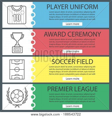 Soccer web banner templates set. Football player's uniform, ball in laurel wreath, field, winner's trophy. Website color menu items with linear icons. Vector headers design concepts