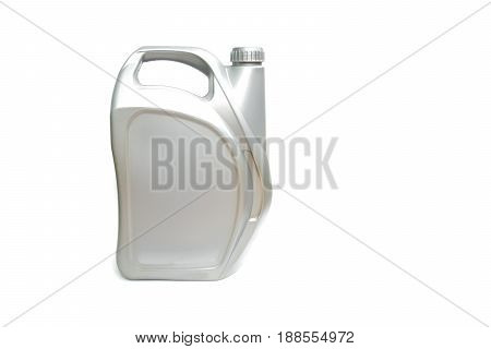 gray plastic canister of motor oil isolated on white background
