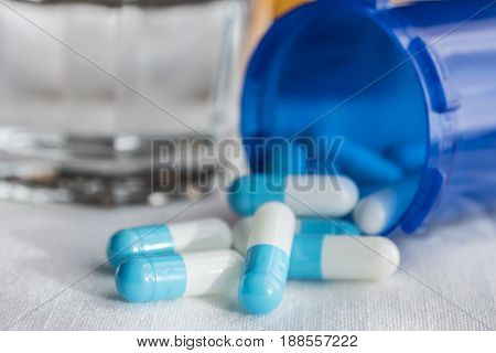 Bkue And White Pills, Glass Water Transparent Along