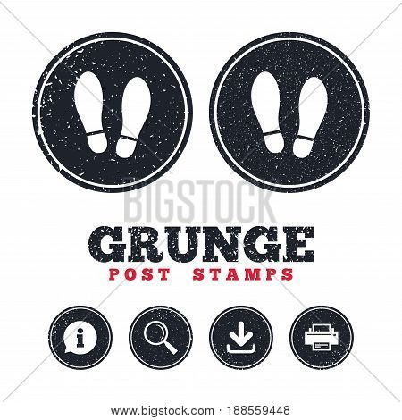 Grunge post stamps. Imprint soles shoes sign icon. Shoe print symbol. Information, download and printer signs. Aged texture web buttons. Vector