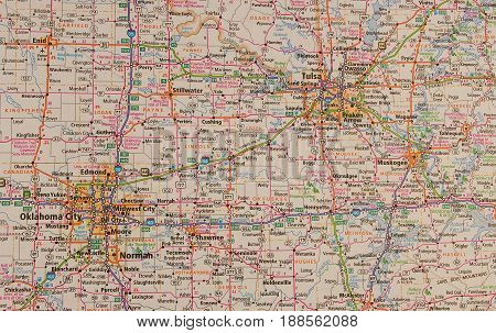 RIVER FALLS,WISCONSIN-MAY 29,2017: Road map of Oklahoma city and surrounding areas.