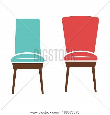 Soft comfortable chairs with upholstery of red and blue colors and dark brown wooden legs isolated vector illustrations on white background. Room furniture for comfort and interior decoration.