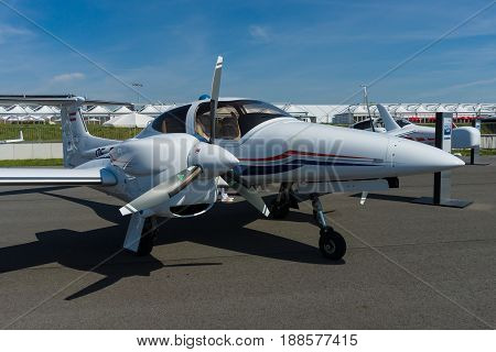 BERLIN GERMANY - MAY 21 2014: Airplane Diamond DA42-VI. Exhibition ILA Berlin Air Show 2014