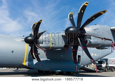 BERLIN GERMANY - MAY 21 2014: Turboprop engine Europrop TP400-D6 military transport aircraft Airbus A400M Atlas. Exhibition ILA Berlin Air Show 2014