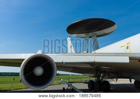 BERLIN GERMANY - MAY 21 2014: Detail of aircraft Boeing E-3A Sentry (AWACS). NATO. Exhibition ILA Berlin Air Show 2014