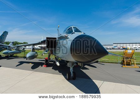 BERLIN GERMANY - MAY 21 2014: A twin-engine variable-sweep wing combat aircraft Panavia Tornado ECR. German Army. Exhibition ILA Berlin Air Show 2014