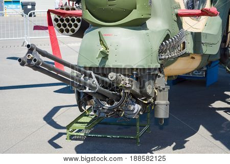 BERLIN GERMANY - MAY 21 2014: Armament of attack helicopter TAI-AgustaWestland T129 ATAK. Turkish Air Force. Exhibition ILA Berlin Air Show 2014