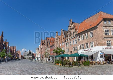 LUNEBURG, GERMANY - MAY 21, 2017: Restaurant at the central square of Luneburg, Germany