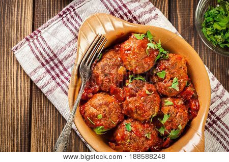Pork Meatballs With Spicy Tomato Sauce In Dish
