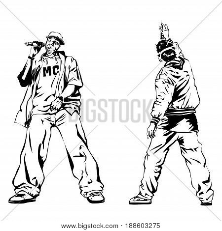 Raper and graffiti guy on white background. Extreme theme modern print. Vector design elements. Isolated on white