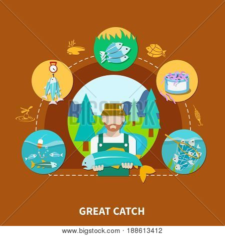 Fishing composition with squid silhouettes peterman character and round fish-tackle images connected by dashed lines vector illustration