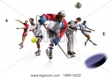 Multi sport collage professional tennis ice hockey soccer volleyball football players isolated on white