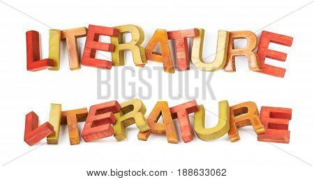 Word Literature made of colored with paint wooden letters, composition isolated over the white background, set of two different foreshortenings