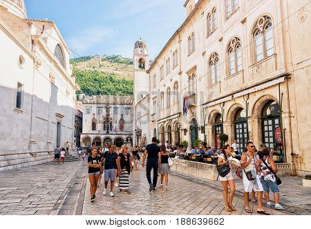 Tourists On Stradun Street In Old City Dubrovnik