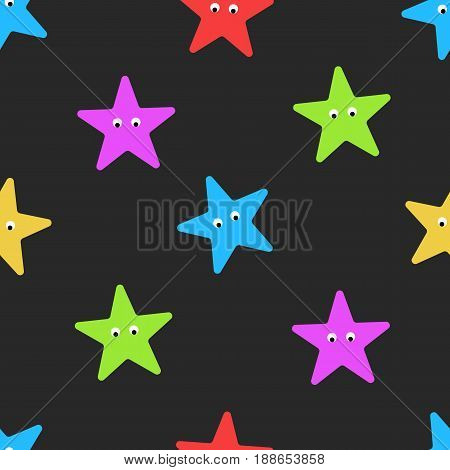 Cartoon starfish seamless pattern on dark summer background. Colorful star shape with eyes sea ornanent for wrapping or children cloth mockup