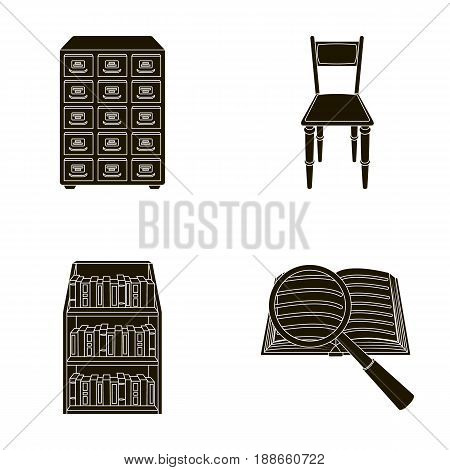 Cabinet with filing cabinet, chair, shelves, information search. Library and bookstore set collection icons in black style vector symbol stock illustration .