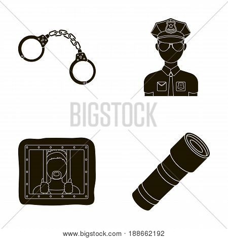 Handcuffs, policeman, prisoner, flashlight.Police set collection icons in black style vector symbol stock illustration .
