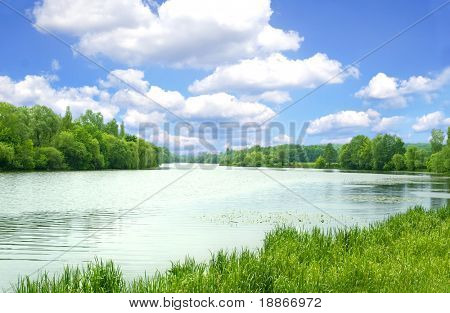 Soort op de rivier met groene kust en wolken