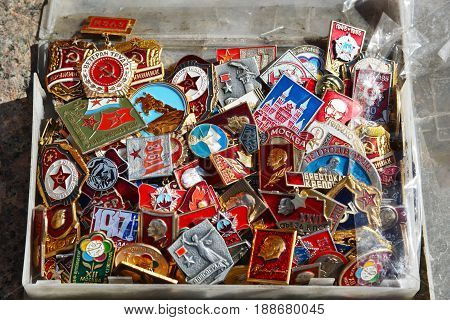 Moscow, Russia - may 06.2017. Trade badge of the times of the USSR