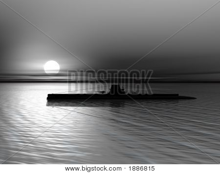 U-Boot auf Grund eines Sonnenuntergangs am Meer