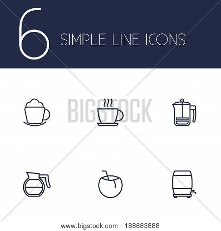 Set Of 6 Drinks Outline Icons Set.Collection Of Hotdrink, French Press, Wine Cask And Other Elements.