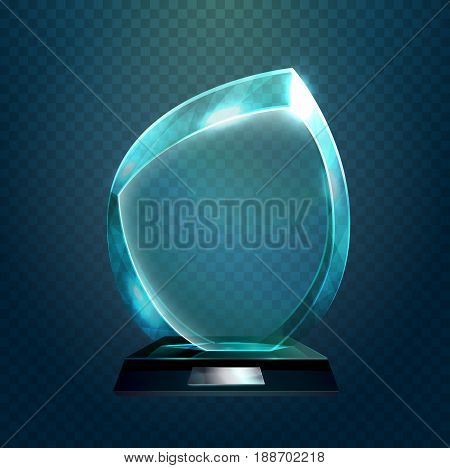 Shiny glassware 3d award or prize with rounded corners. Sport trophy or transparent achievement sign. Pedestal event celebration theme and championship badge, winner of competition ceremony