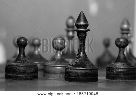 Wooden old chess, developing board game. Retro.