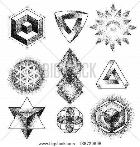 Set of impossible and other tattoo shapes, dotwork, blackwork all made of dots. Geometrical, sacred figures stars, triangle and squares.