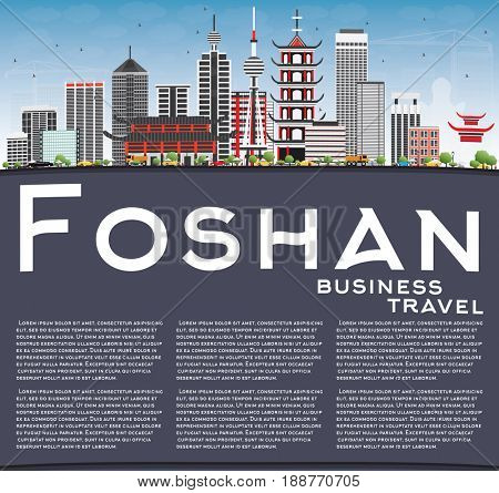 Foshan Skyline with Gray Buildings, Blue Sky and Copy Space. Business Travel and Tourism Concept with Modern Architecture. Image for Presentation Banner Placard and Web Site.