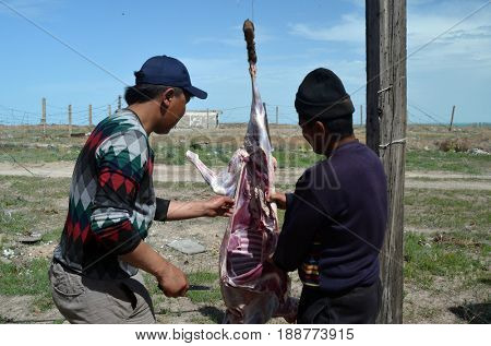 Area 38.(Ploshadka 38 ru.)People slaughtering a sheep on ruins space communication center.Sary Shagan.Former anti-ballistic missile testing range.Kazakhstan.May 6, 2017.Sary Shagan.Kazakhstan
