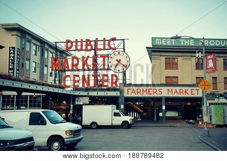 SEATTLE, WA - AUG 14: Public Market Center in downtown on August 14, 2015 in Seattle. Seattle is the largest city in both the State of Washington and the Pacific Northwest region of North America